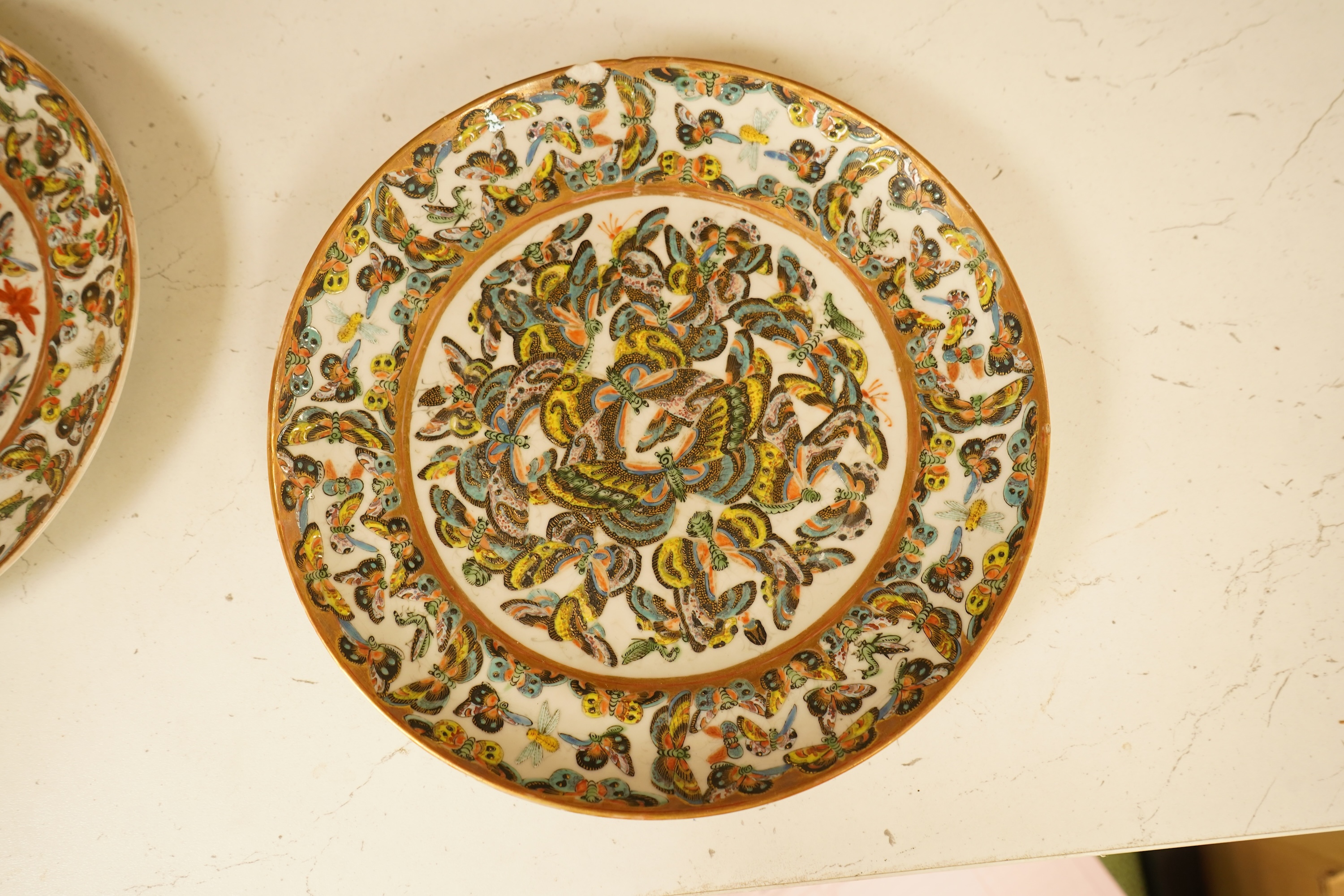 A pair of 19th century Chinese famille rose 'butterfly' plates, 21.5cm